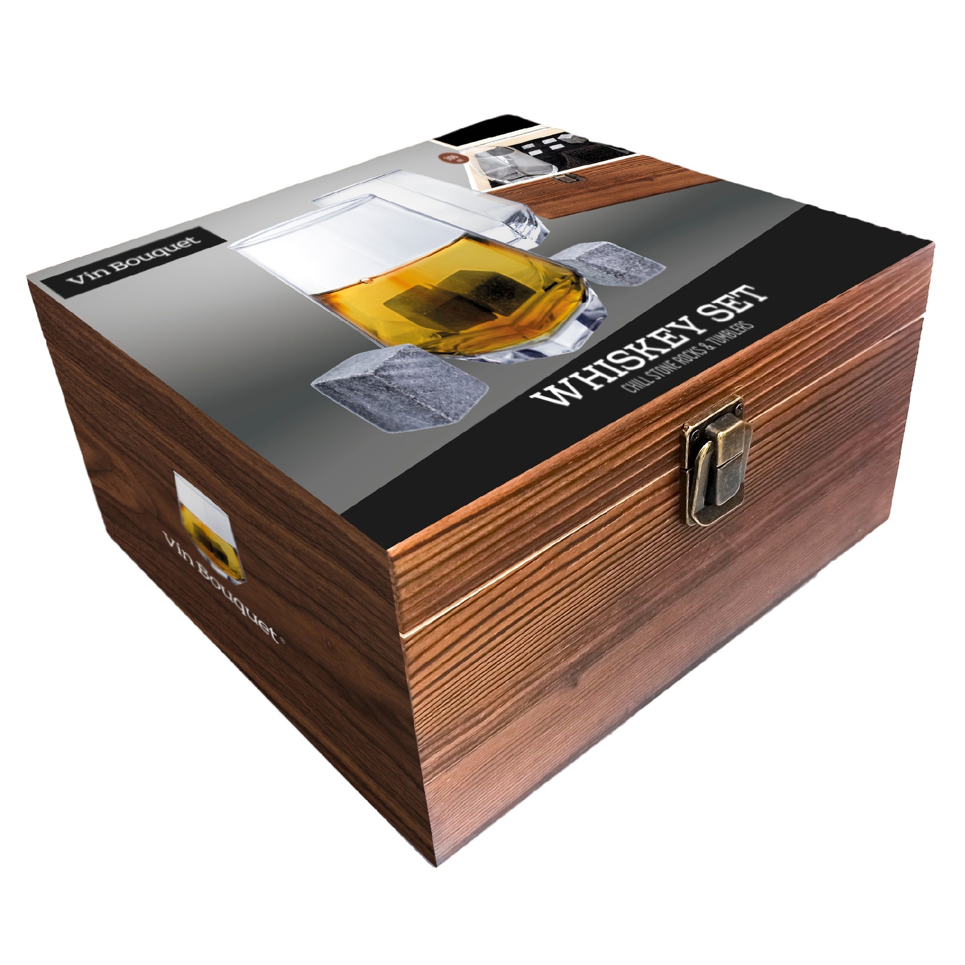 Set de whiskey con copas y piedras en caja de madera