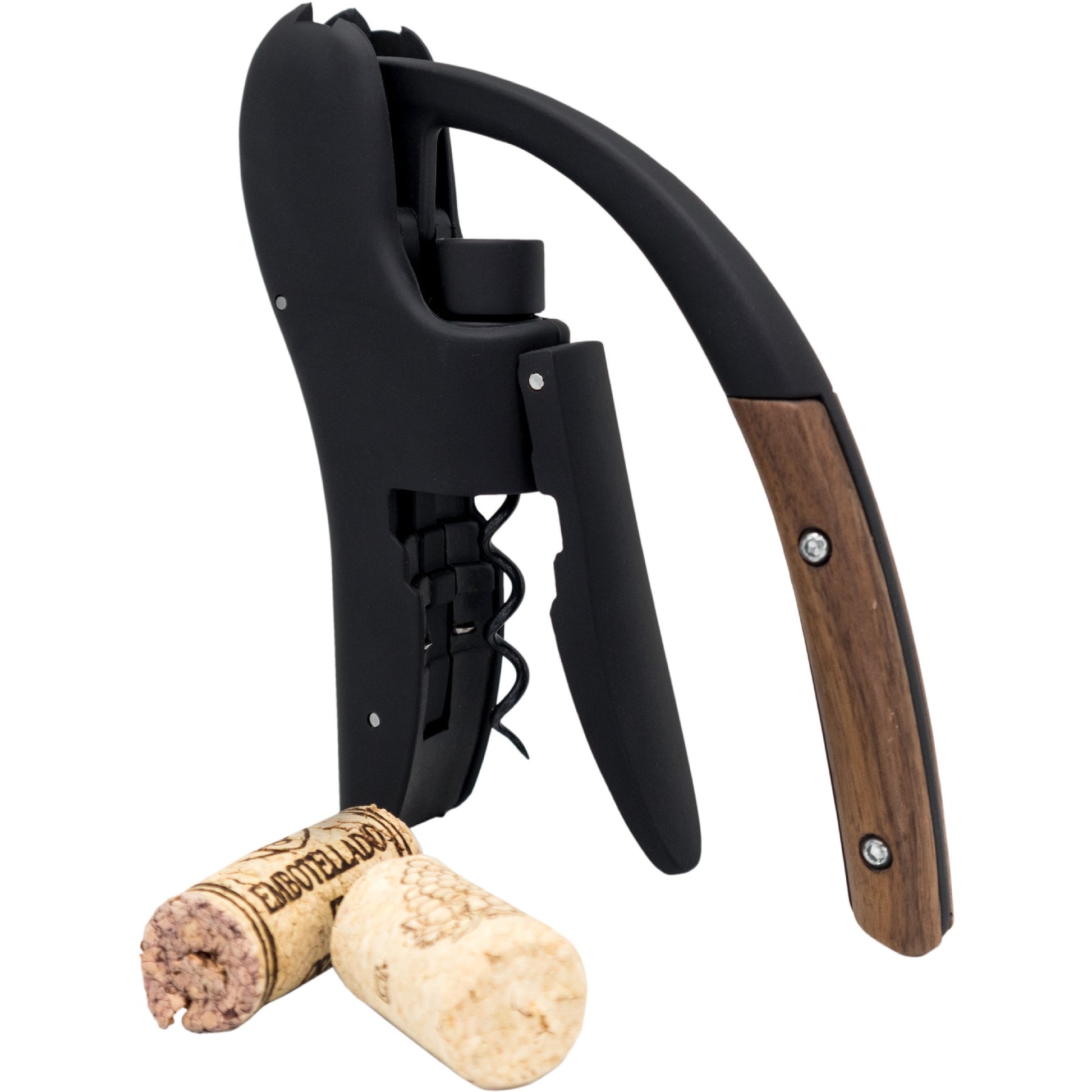 Sacacorchos de palanca con asas ergonómicas Inox,Madera-Negro