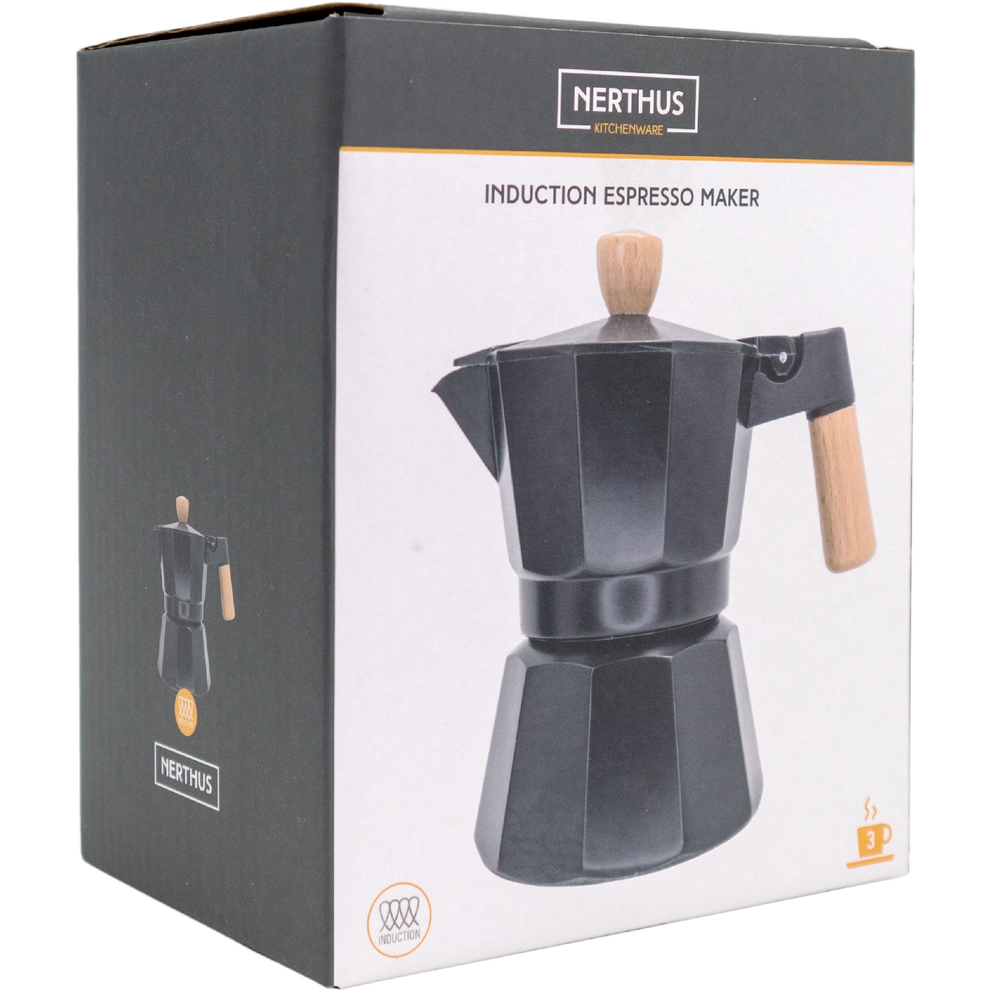Cafetera Italiana Inducción Negra con Detalles en Madera 3 Tazas,6 Tazas,9 Tazas