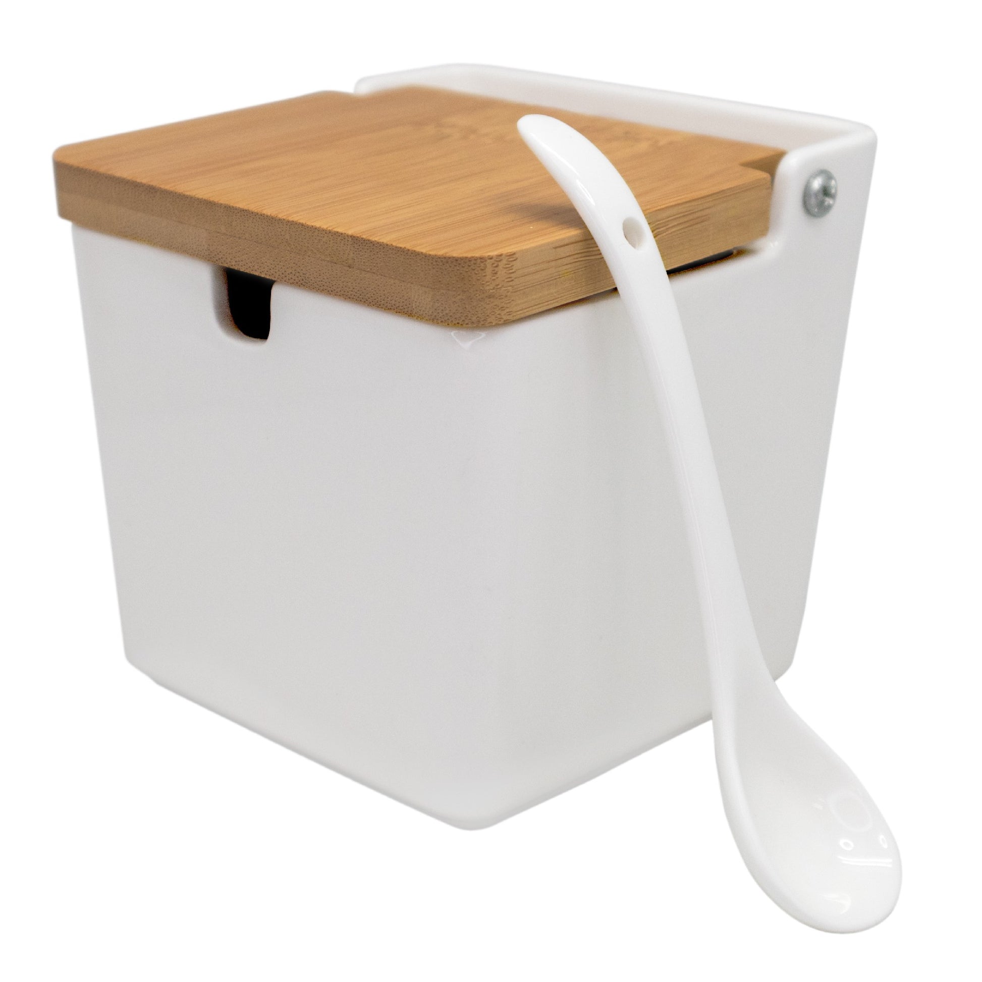 Salero cuadrado de porcelana con cuchara y tapa