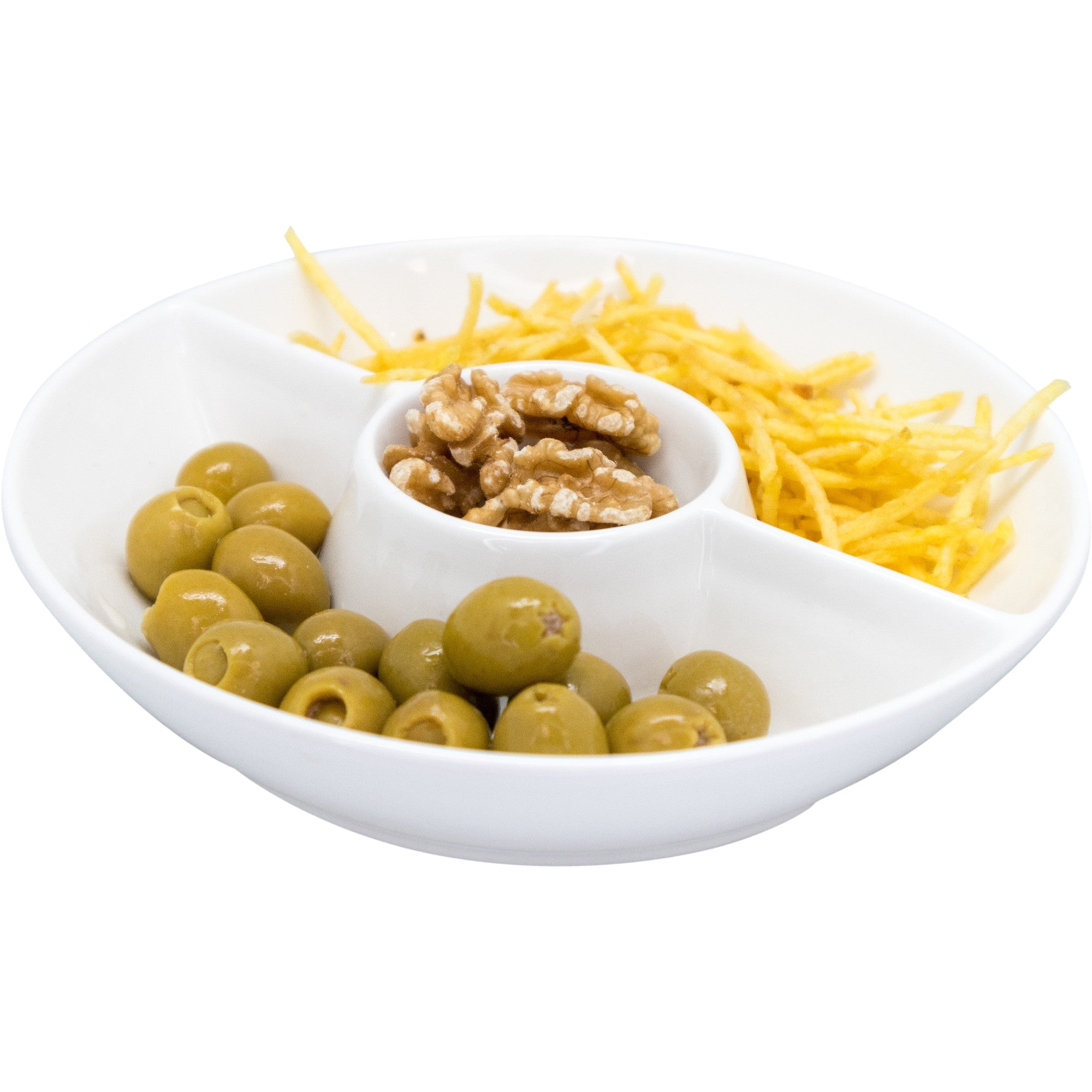 Plato Redondo Triple de Porcelana para Snacks – Tipo Bowl