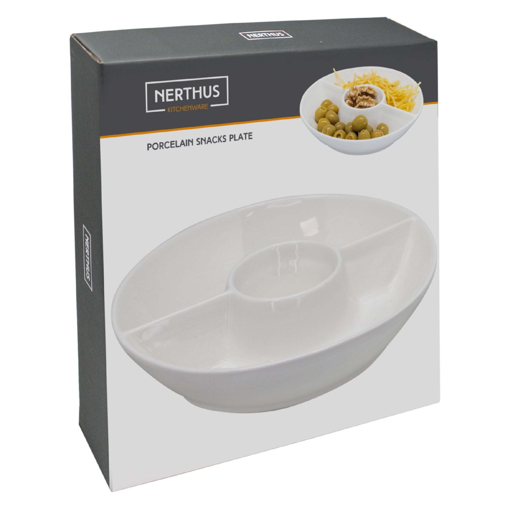 Plato Redondo Triple de Porcelana para Snacks – Tipo Bowl