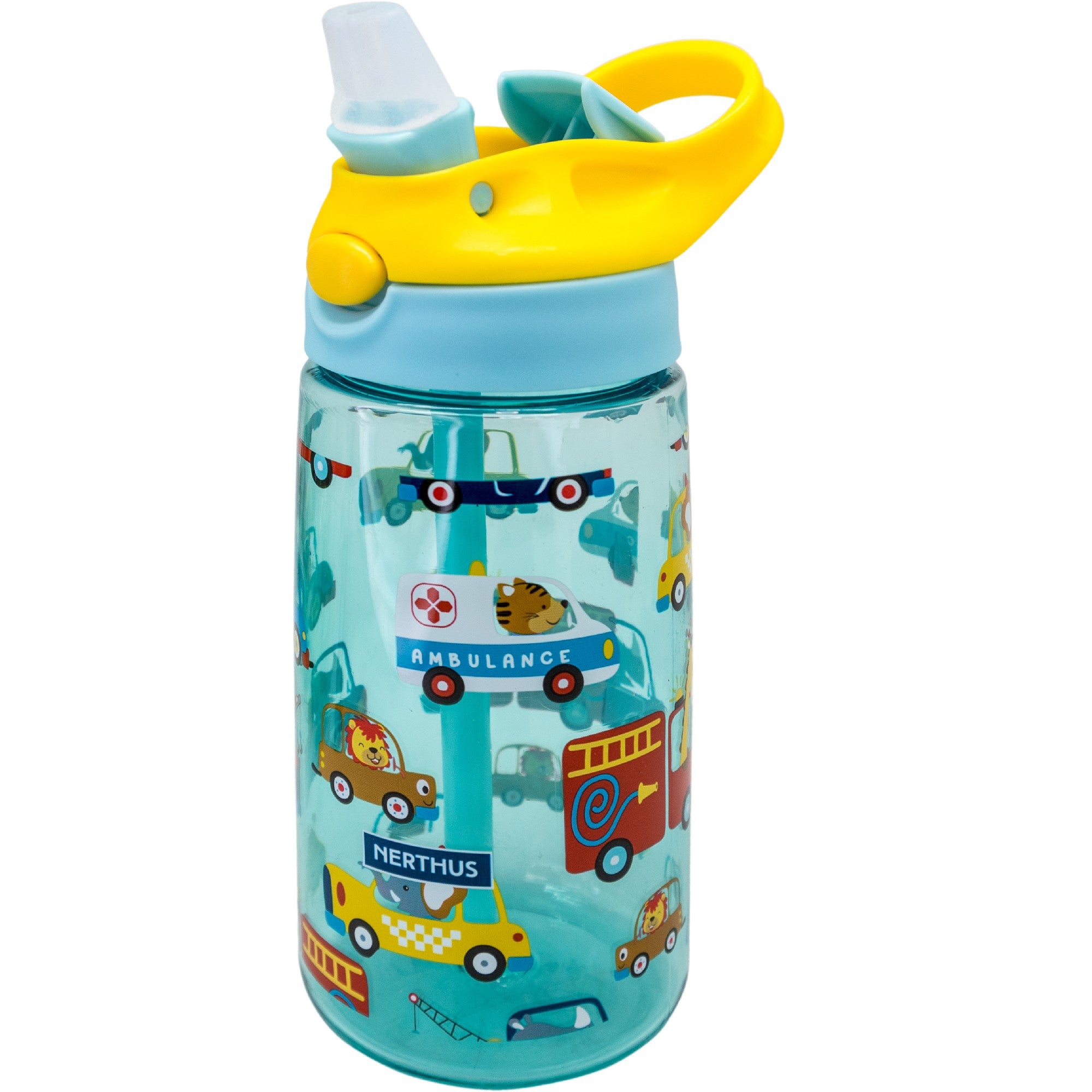 Botella Infantil Tritán 450 ml con Pajita Leones,Unicornios,Dinosaurios,Espacio,Fútbol,Coches