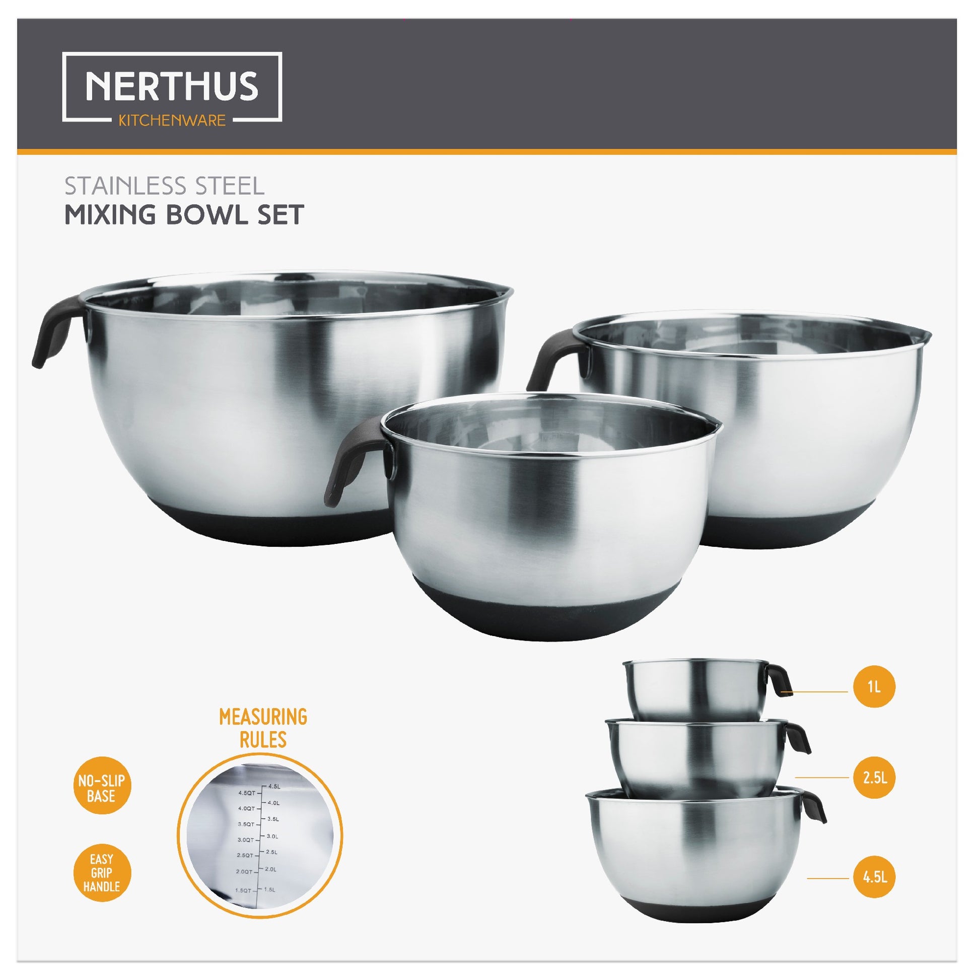 Set de 3 bowls de acero inoxidable con asas y base antideslizante