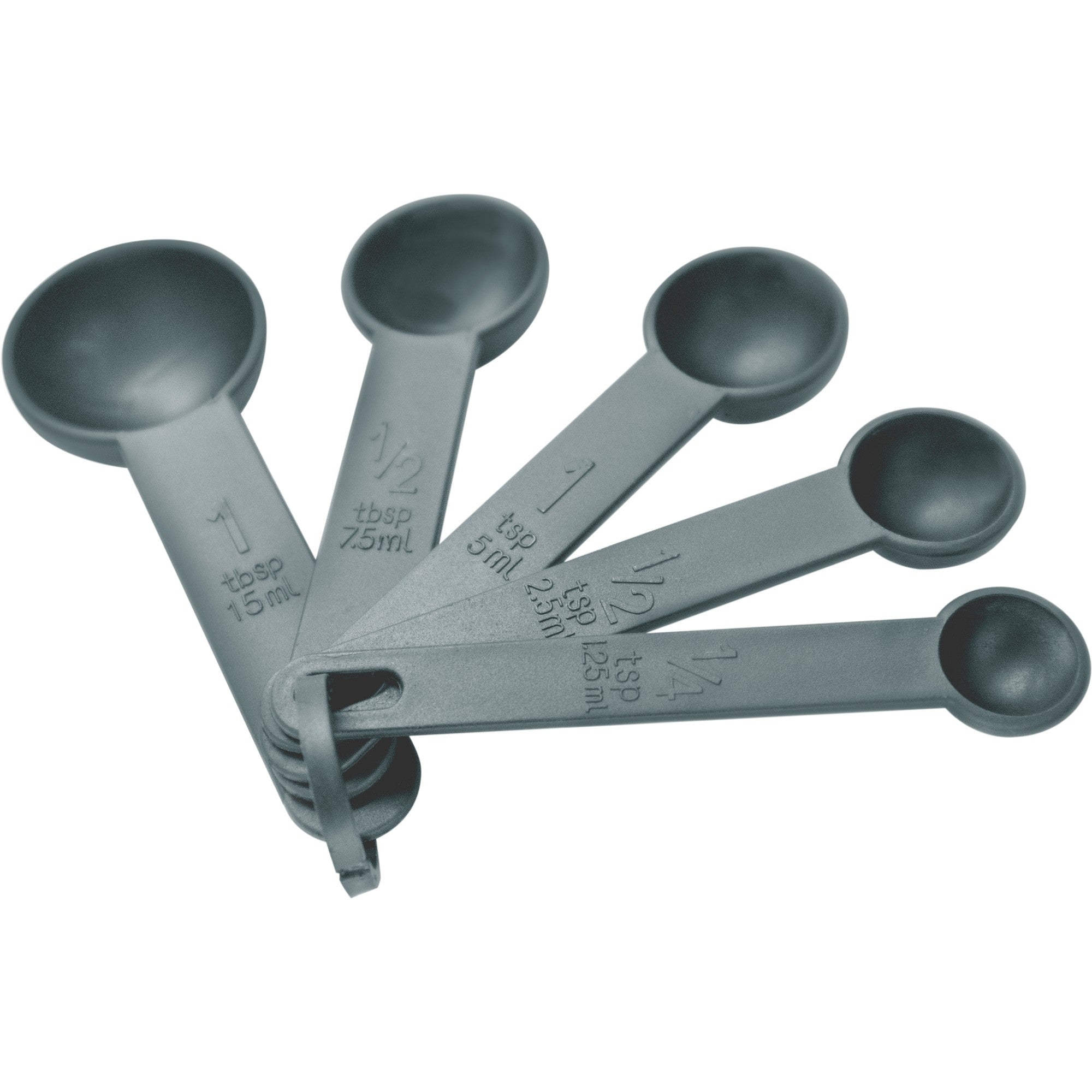 Set de 5 cucharas medidoras grises con medidas de 1,25 ml a 15 ml
