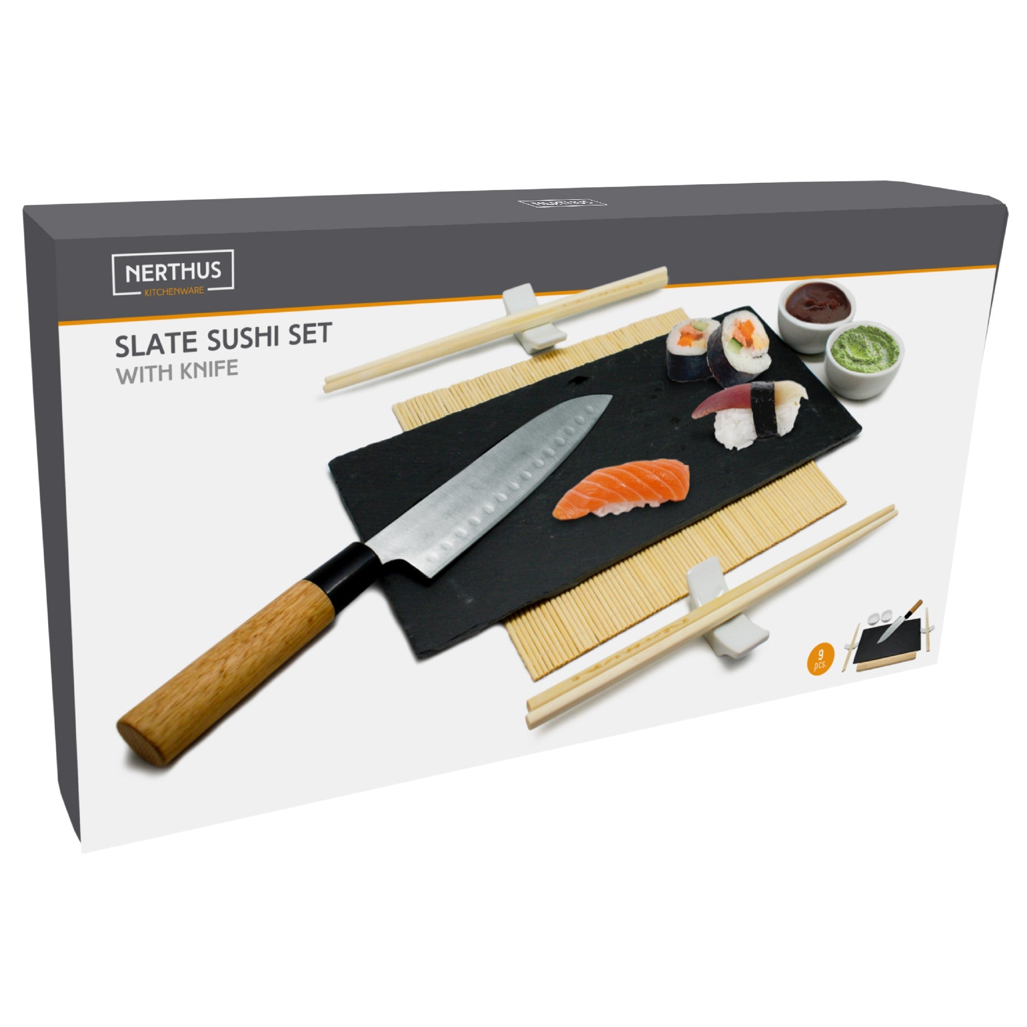 Set de sushi con cuchillo, pizarra y accesorios