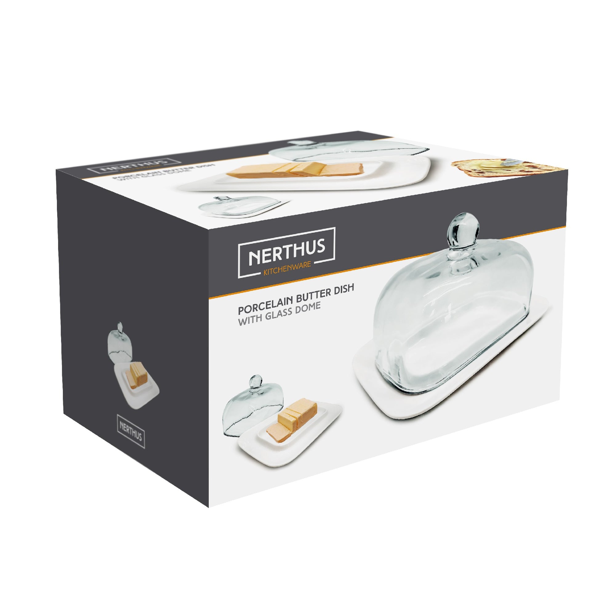 Mantequera de porcelana con tapa de cristal transparente