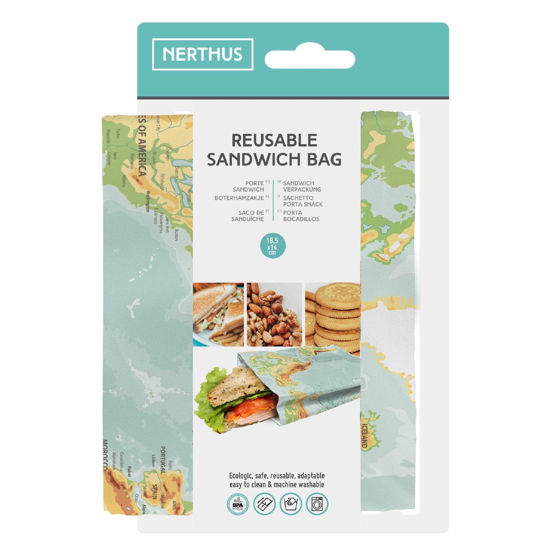 Bolsa Reutilizable para Sándwich Plegable Turquesa,Coral,Azul Pastel,Rosa Pastel,Mapa Mundi,Jungla