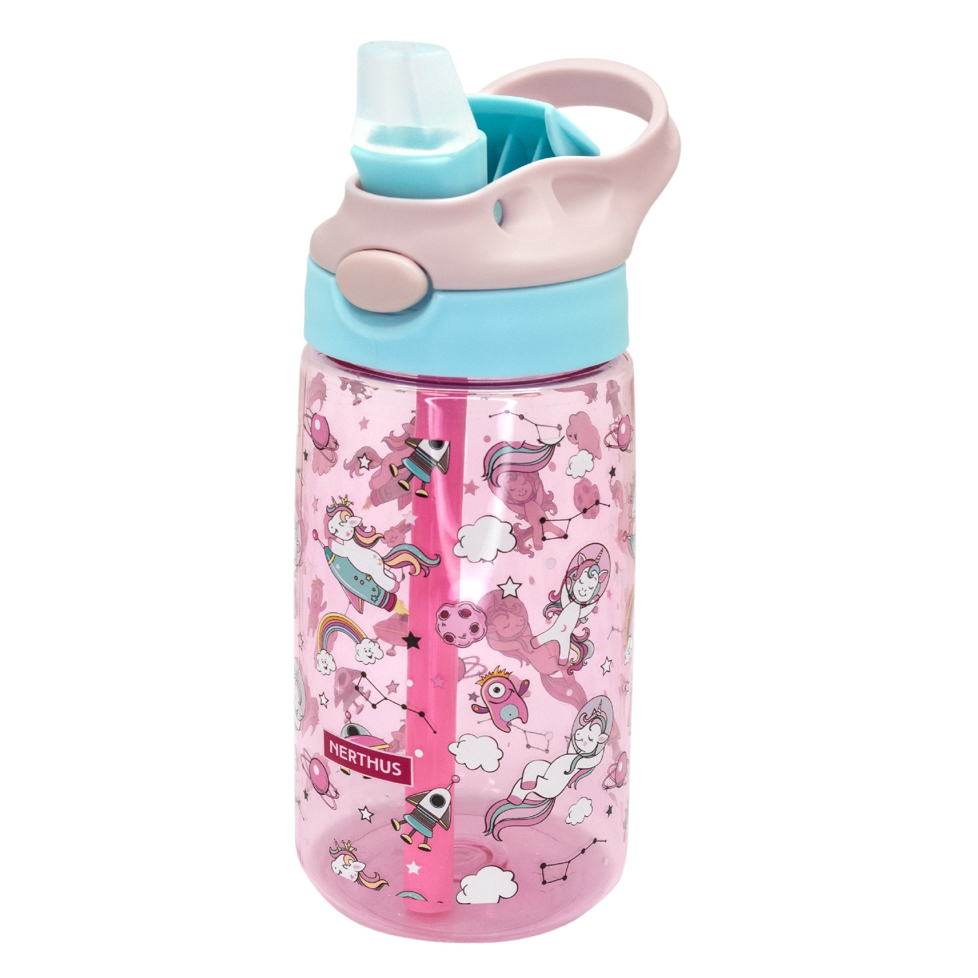 Botella Infantil Tritán 450 ml con Pajita Leones,Unicornios,Dinosaurios,Espacio,Fútbol,Coches