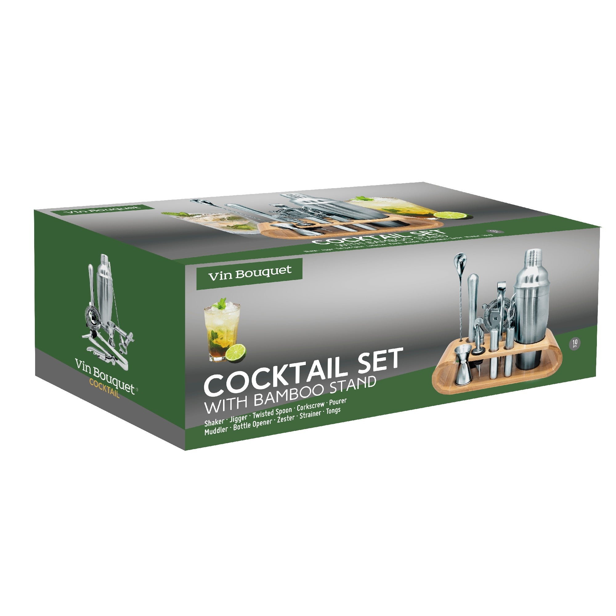 Set de coctelería con base de bambú inox