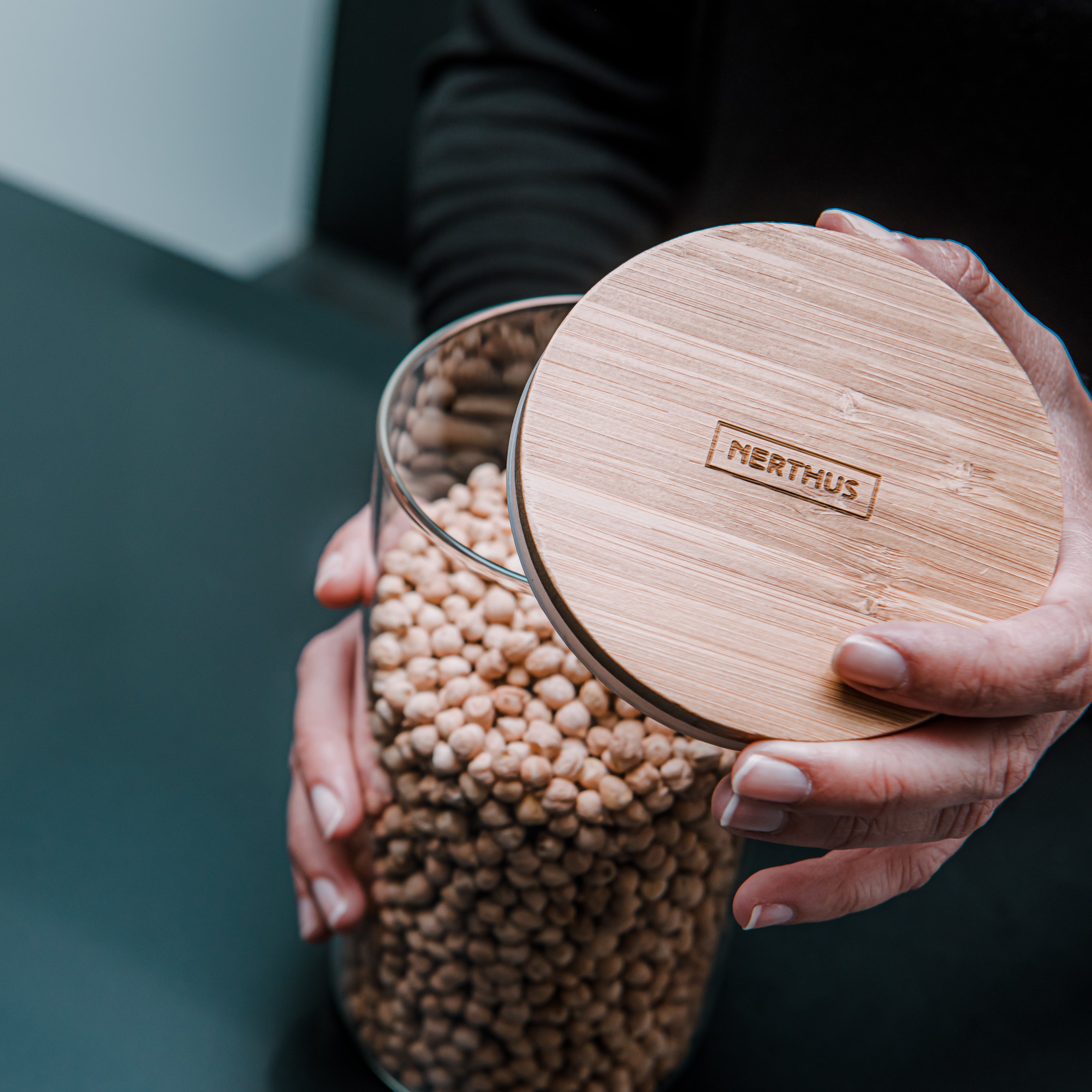 Tarro Hermético de Cristal Redondo con Tapa de Bambú