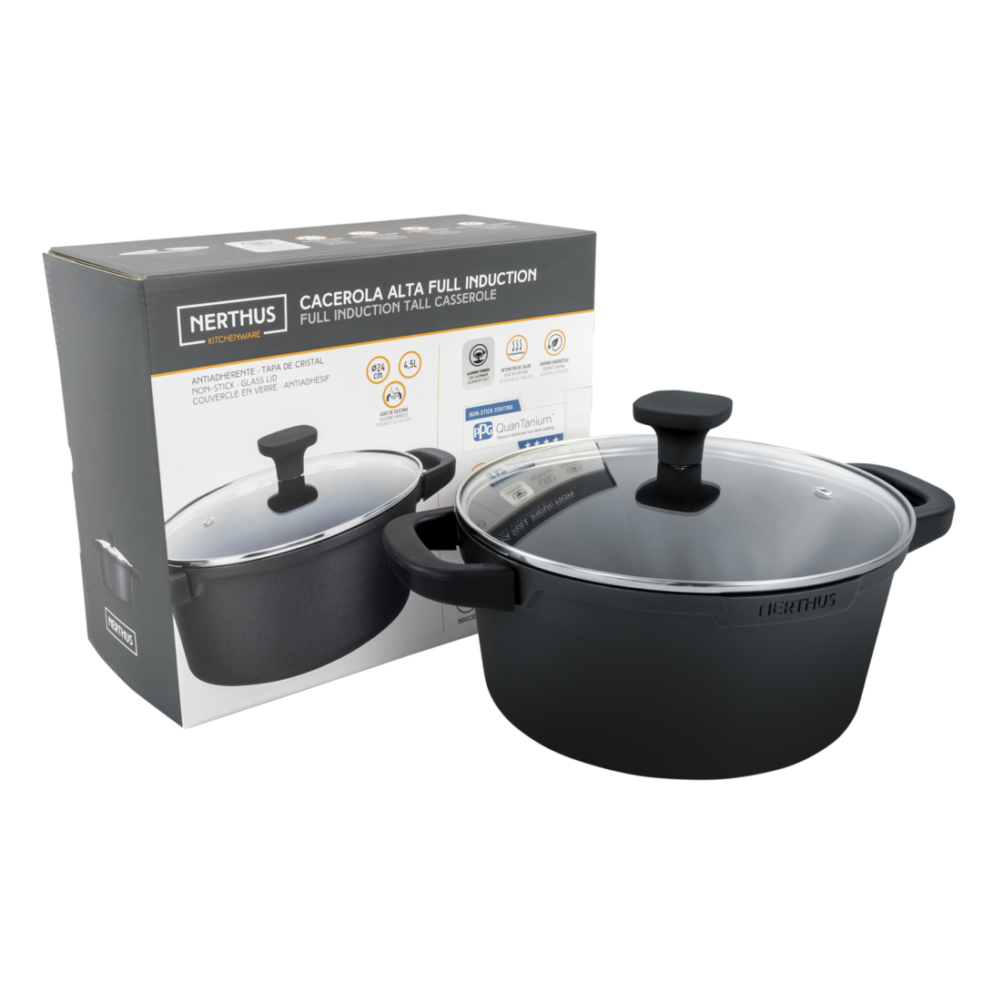 Cacerola Alta de Aluminio Fundido con Tapa de Cristal – Antiadherente Quantanium