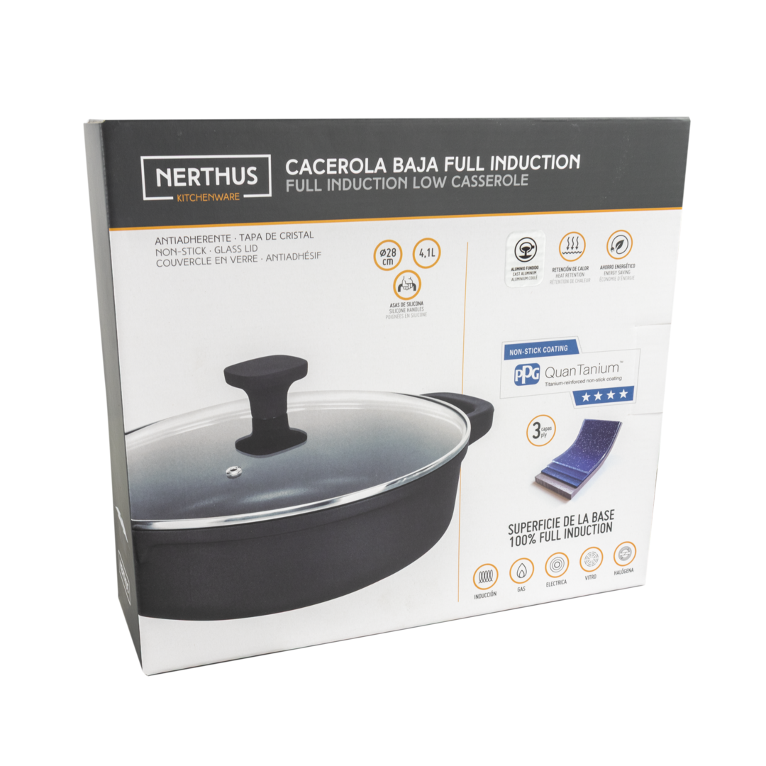 Cacerola Baja de Aluminio Fundido con Tapa de Cristal – Antiadherente Quantanium