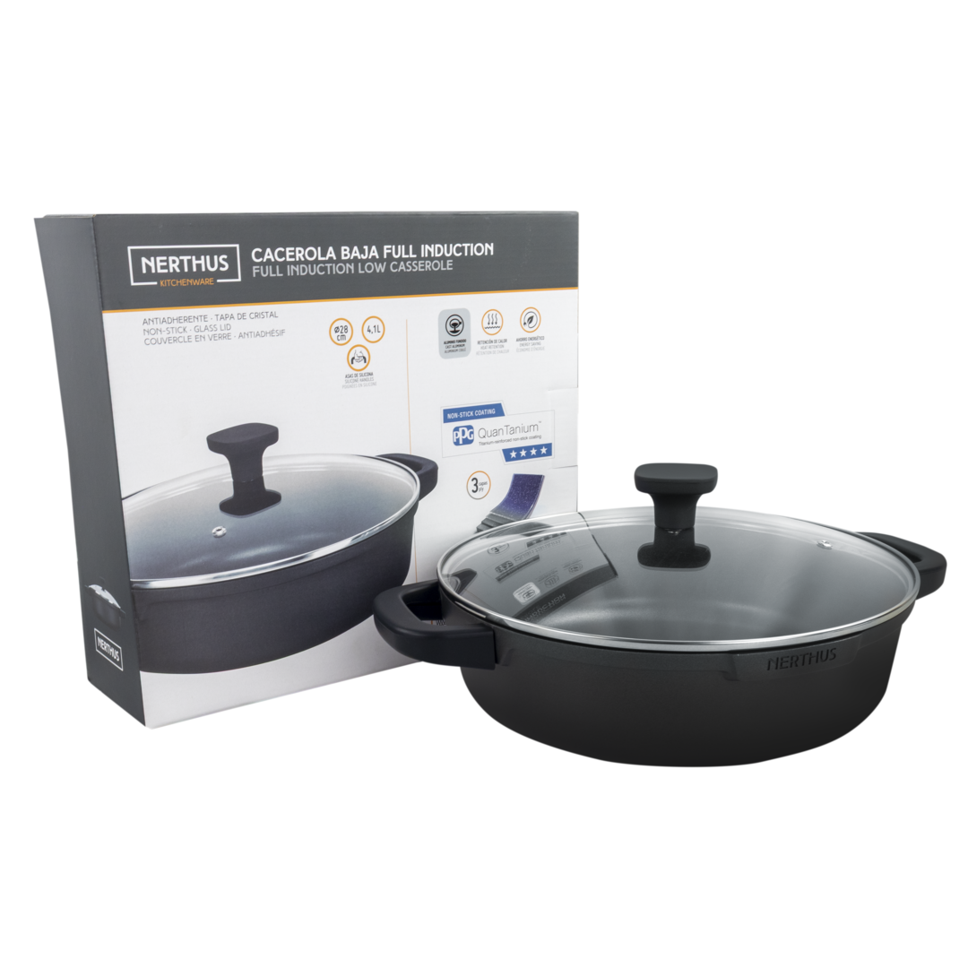Cacerola Baja de Aluminio Fundido con Tapa de Cristal – Antiadherente Quantanium