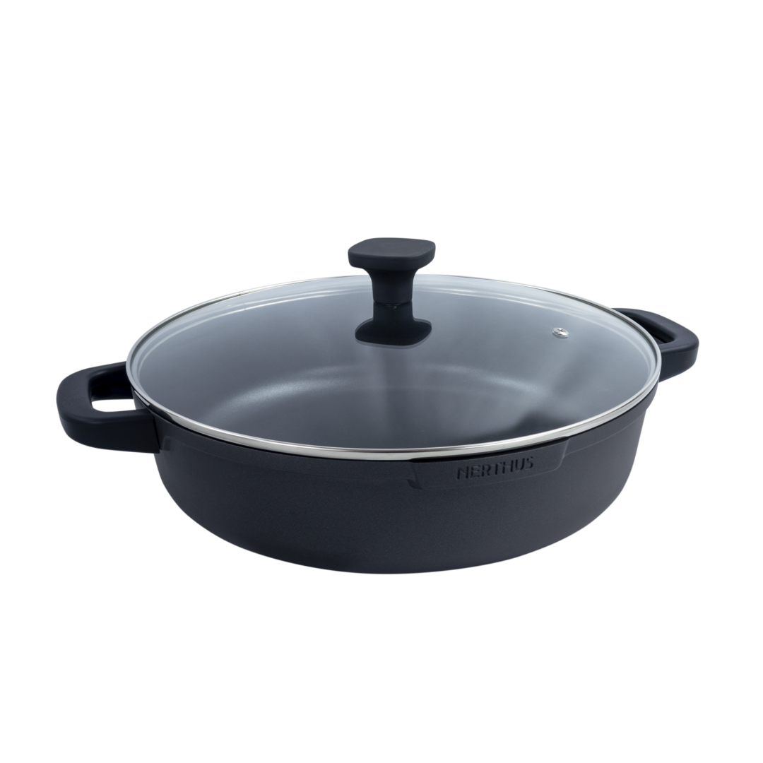 Cacerola Baja de Aluminio Fundido con Tapa de Cristal – Antiadherente Quantanium