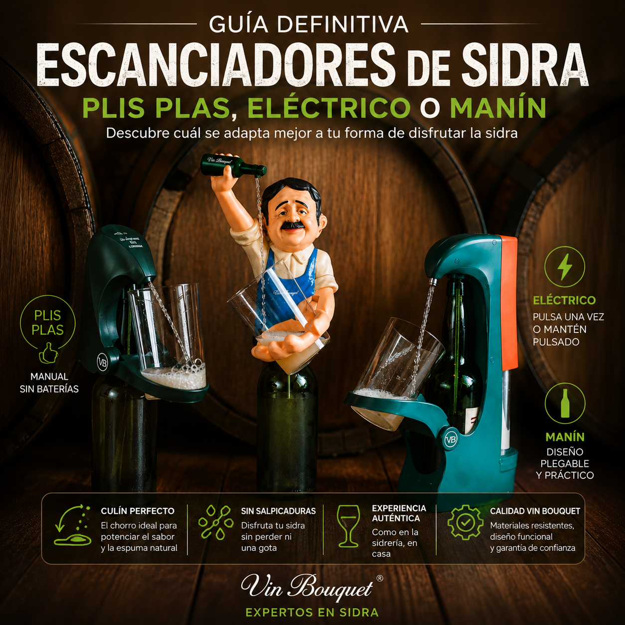 Escanciadores de sidra: Plis Plas, eléctrico y Manín — escancia como en Asturias en tu casa