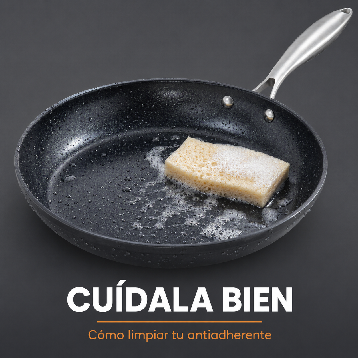 Sartén antiadherente Nerthus siéndose lavada con esponja suave, guía de limpieza y cuidado