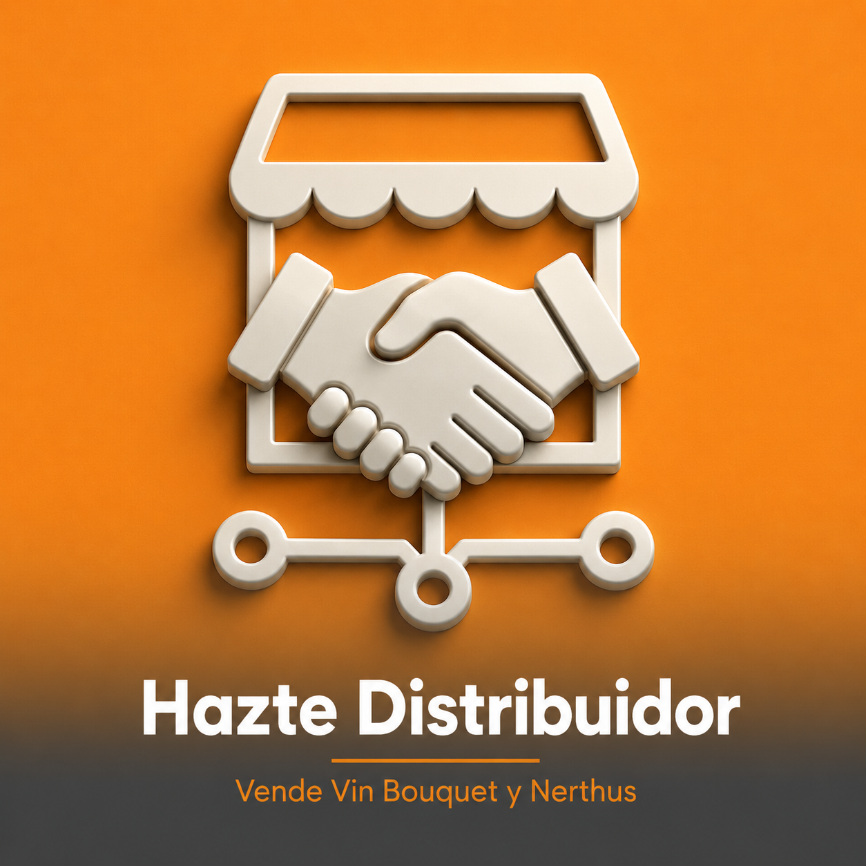 Icono de manos estrechándose en estilo tipográfico sobre fondo naranja, portada del artículo para distribuidores de Vin Bouquet y Nerthus