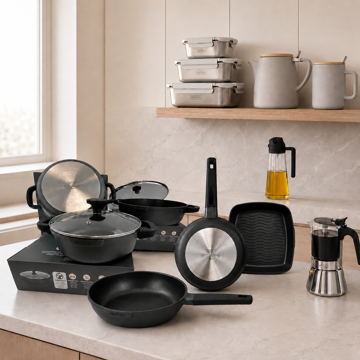 Accesorios de cocina y menaje de hogar Nerthus con sartenes, ollas, termos y moldes para Air Fryer.