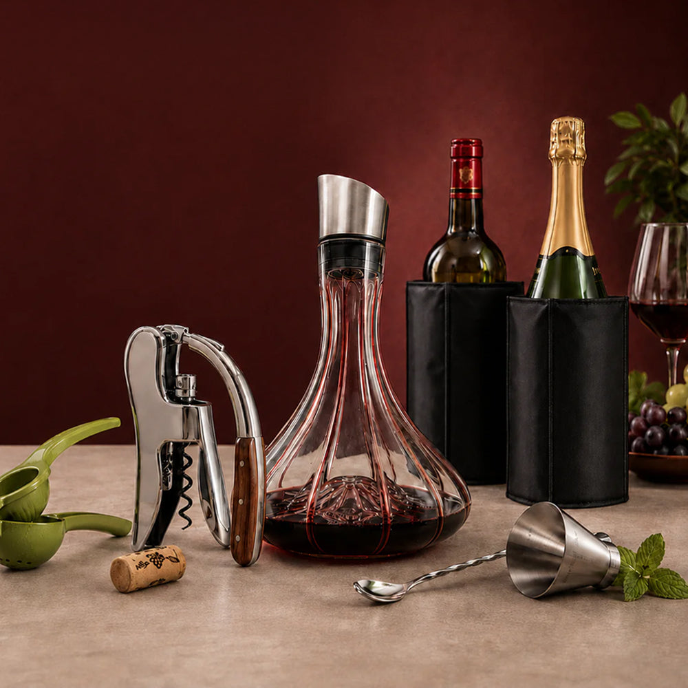 Colección de utensilios de sumillería Vin Bouquet incluyendo escanciadores, bombas de vacío, fundas enfriadoras y decantadores de cristal.