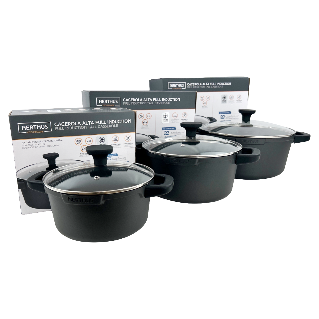 Cacerola Alta de Aluminio Fundido con Tapa de Cristal – Antiadherente Quantanium