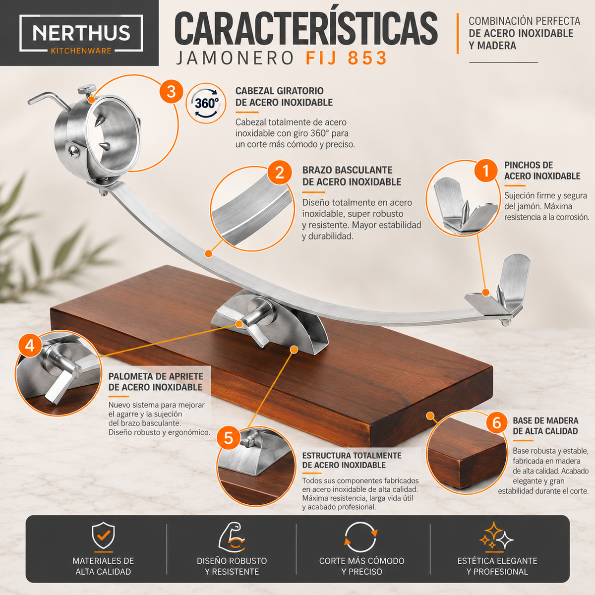 Jamonero Basculante con Cabezal Giratorio 360° – Acero Inoxidable y Base de Madera – Características