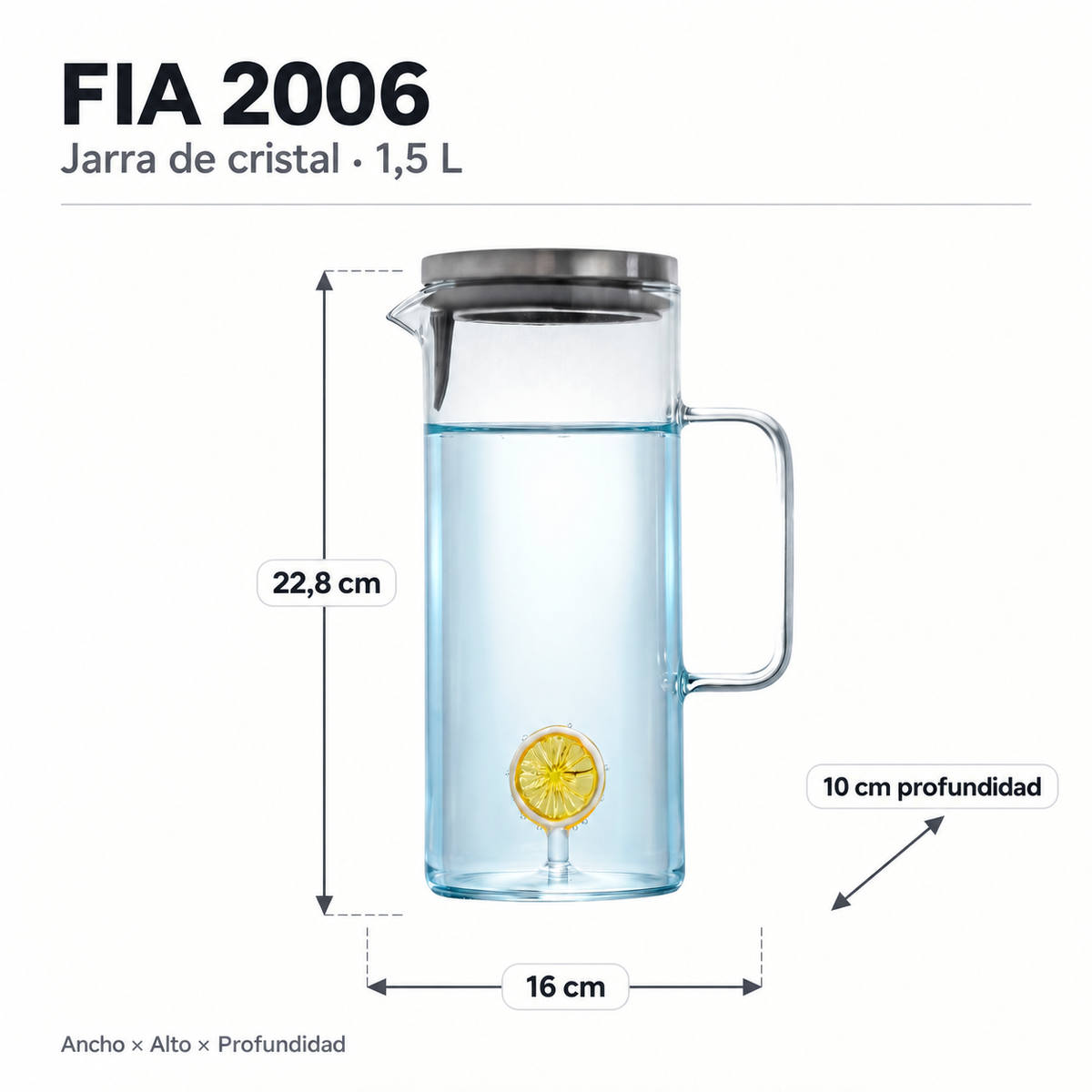 Medidas Jarra de Cristal con Asa y Tapa Limón 1,5 L