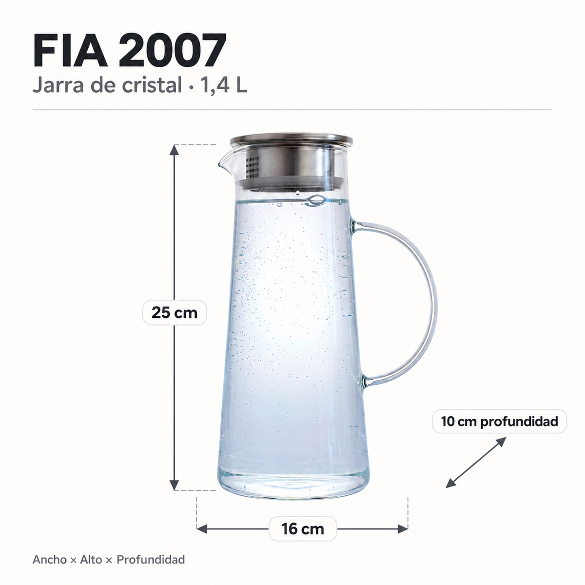 Medidas Jarra de Cristal con Asa y Tapa 1,4 L