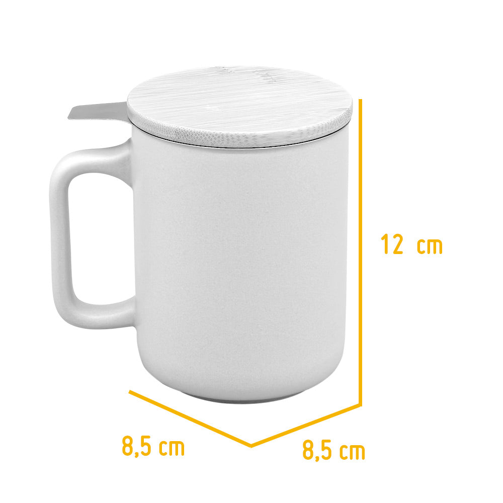Taza de Té Cerámica con Filtro Infusor Inox y Tapa de Bambú