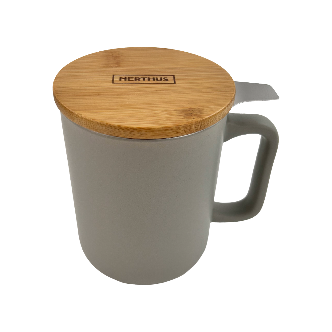 Taza de Té Cerámica con Filtro Infusor Inox y Tapa de Bambú