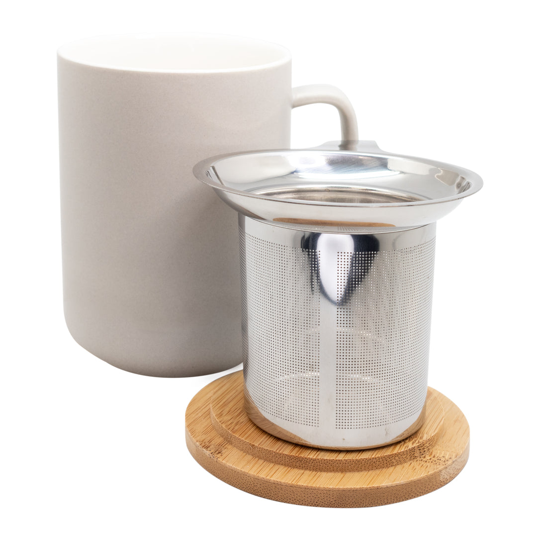 Taza de Té Cerámica con Filtro Infusor Inox y Tapa de Bambú