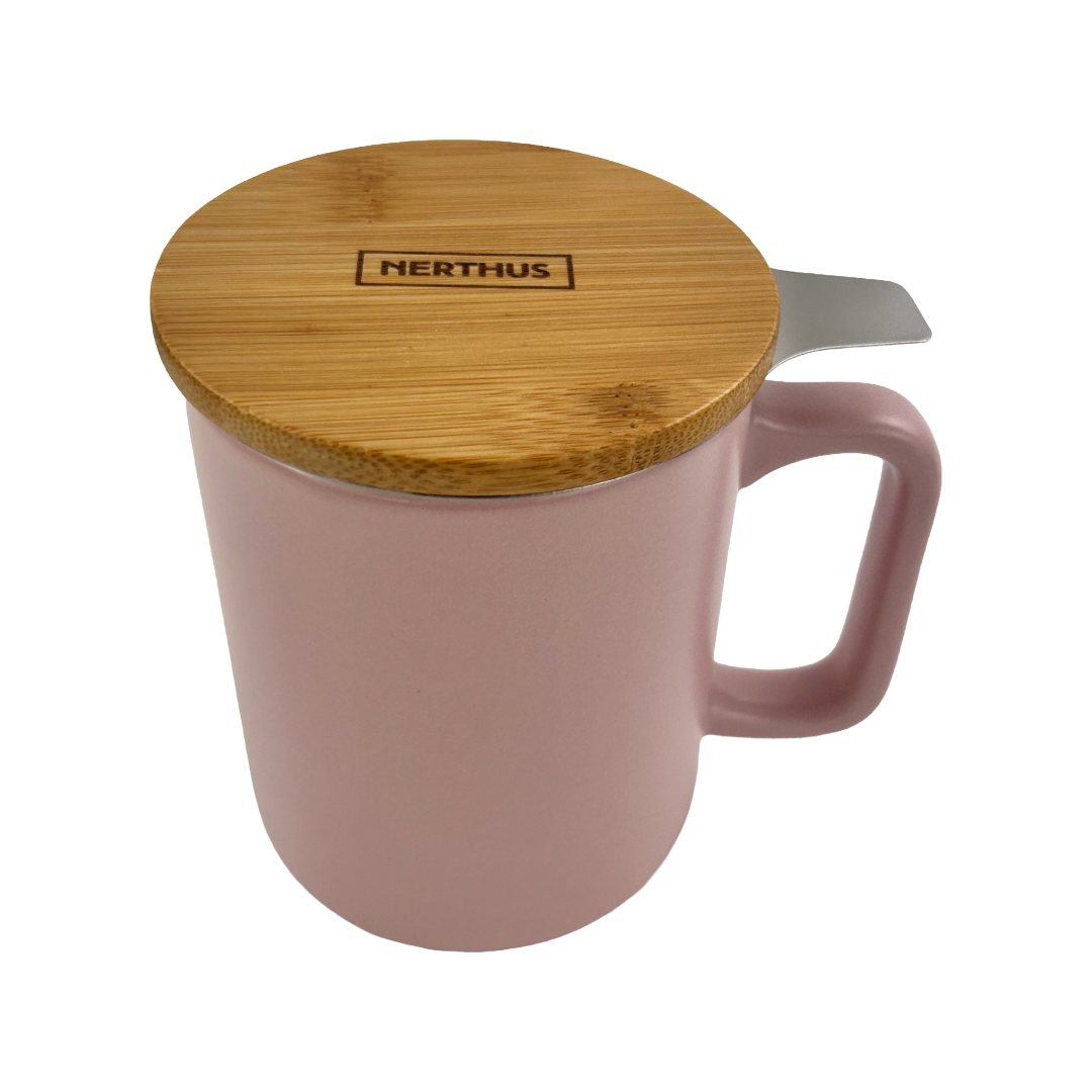 Taza de Té Cerámica con Filtro Infusor Inox y Tapa de Bambú