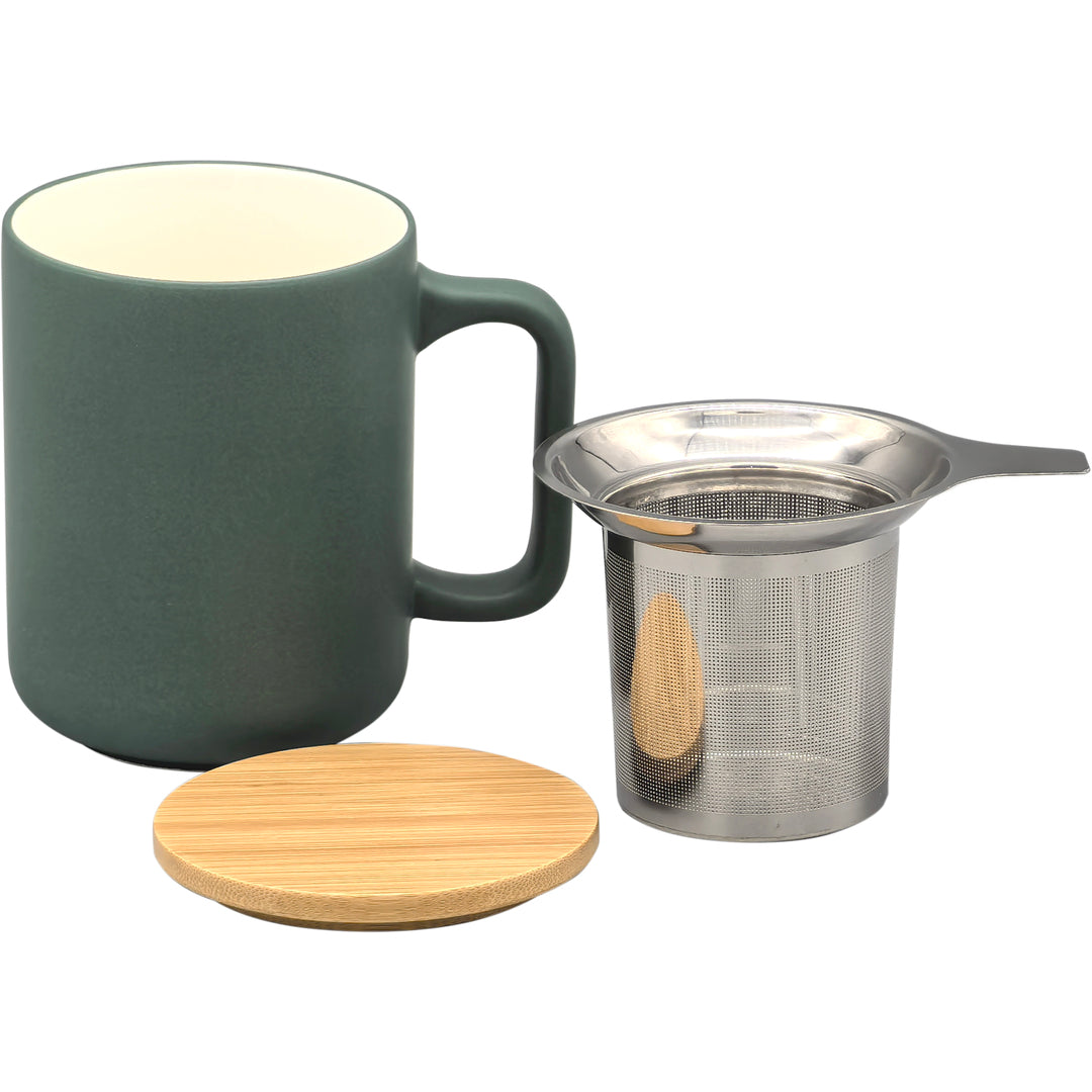 Taza de Té Cerámica con Filtro Infusor Inox y Tapa de Bambú