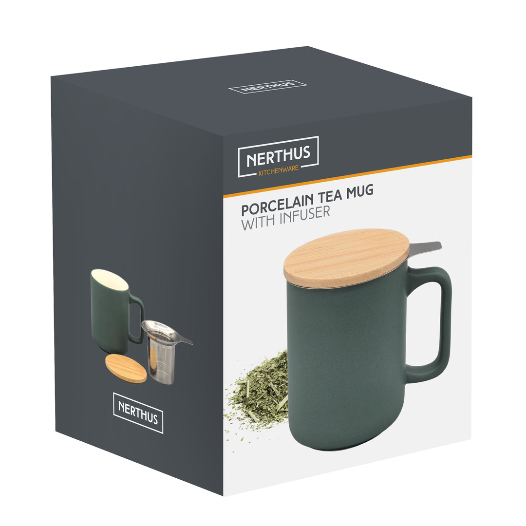 Taza de Té Cerámica con Filtro Infusor Inox y Tapa de Bambú