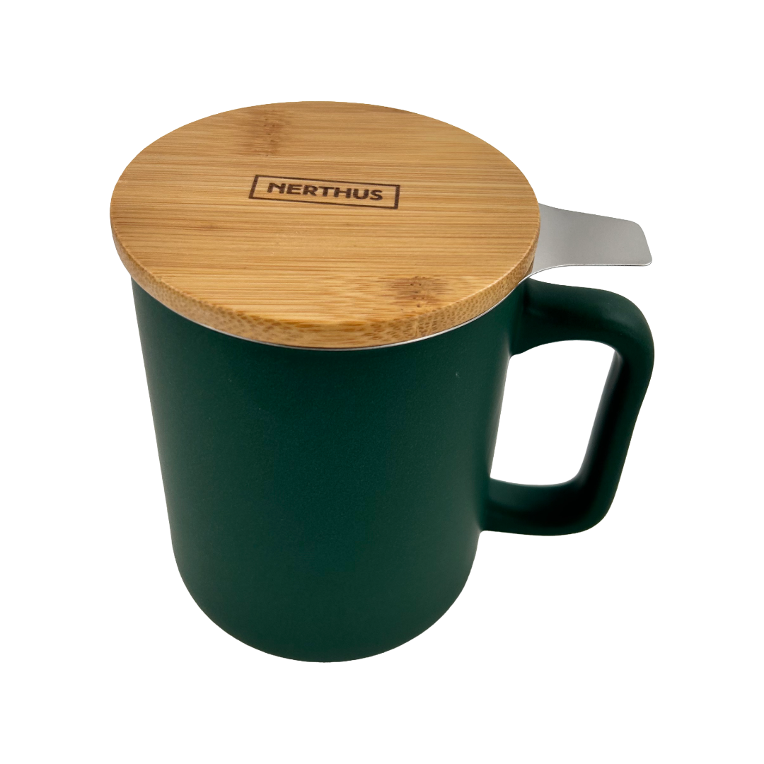 Taza de Té Cerámica con Filtro Infusor Inox y Tapa de Bambú
