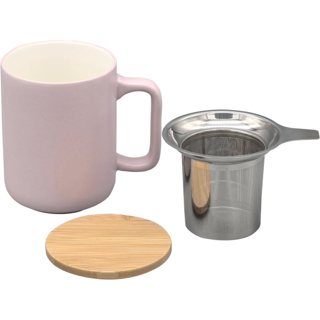 Taza de Té Cerámica con Filtro Infusor Inox y Tapa de Bambú