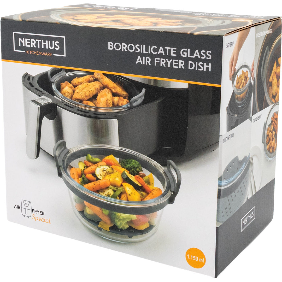 Recipiente de Cristal Redondo para Freidora de Aire con Base de Silicona 1,2 L