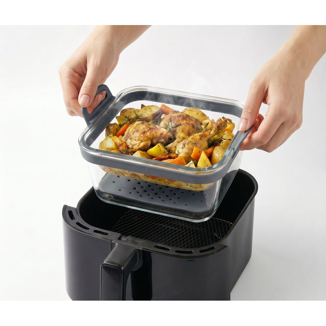 Recipiente de cristal cuadrado 2,2 L con base de silicona para freidora de aire