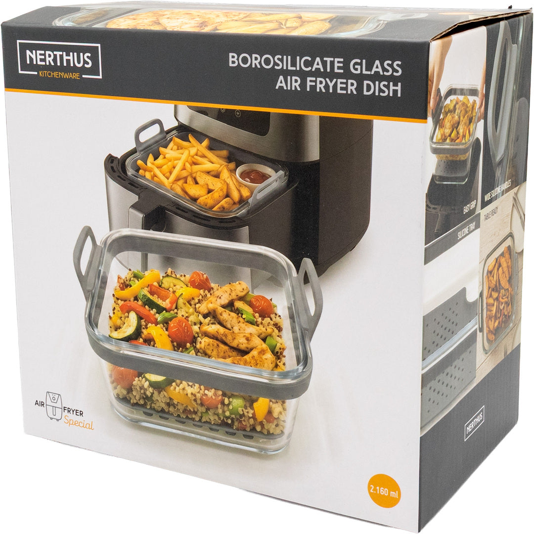 Recipiente de cristal cuadrado 2,2 L con base de silicona para freidora de aire