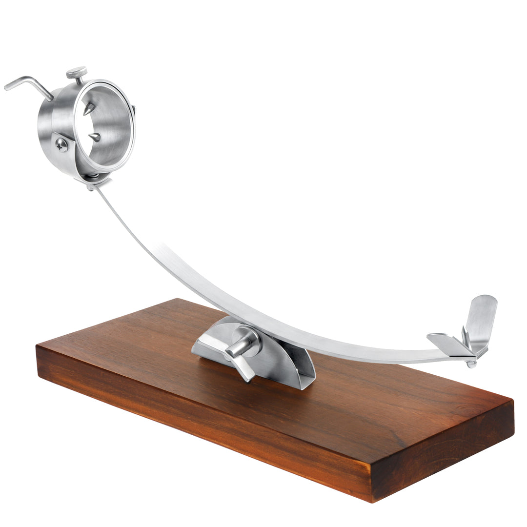 Jamonero Basculante con Cabezal Giratorio 360° – Acero Inoxidable y Base de Madera