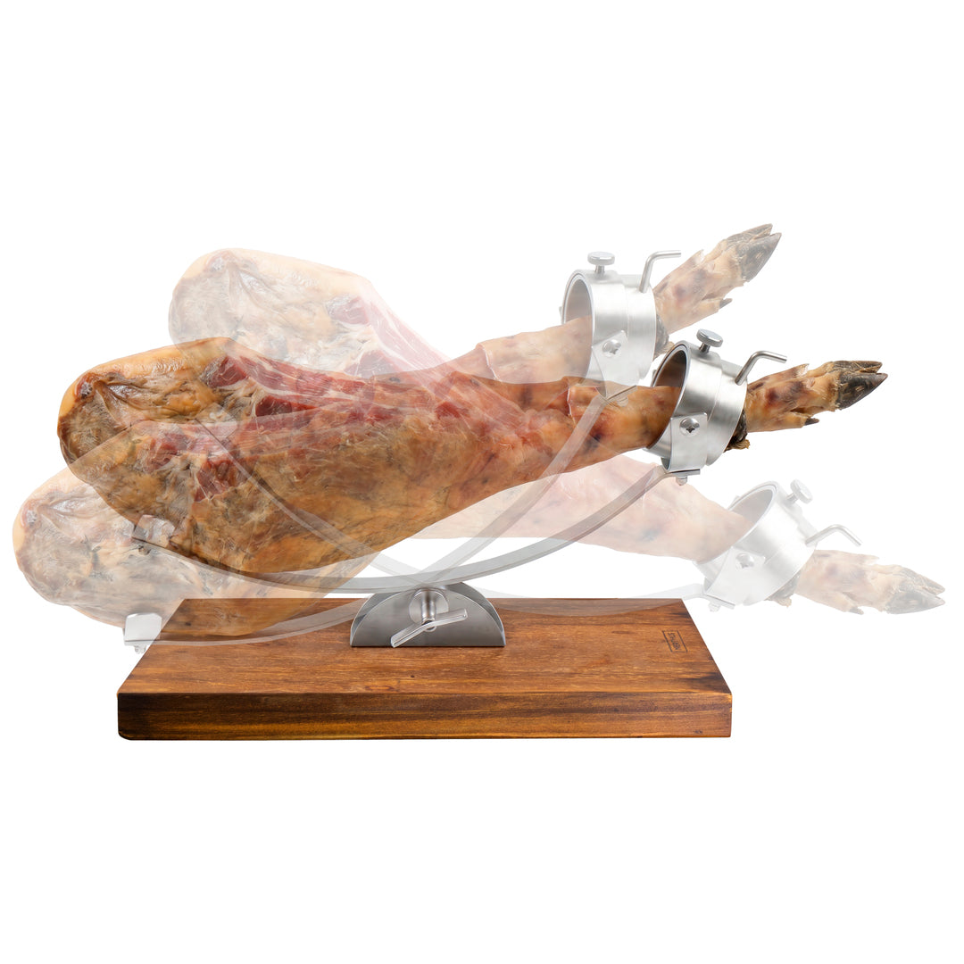 Jamonero Basculante con Cabezal Giratorio 360° – Acero Inoxidable y Base de Madera