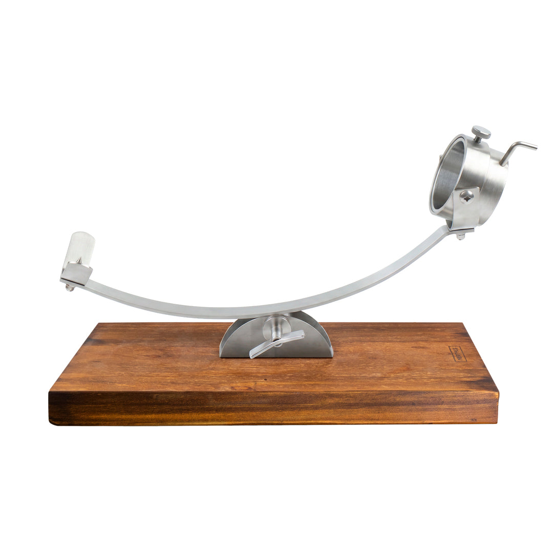 Jamonero Basculante con Cabezal Giratorio 360° – Acero Inoxidable y Base de Madera