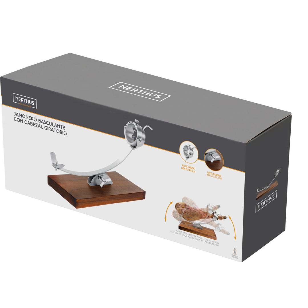Jamonero Basculante con Cabezal Giratorio 360° – Acero Inoxidable y Base de Madera