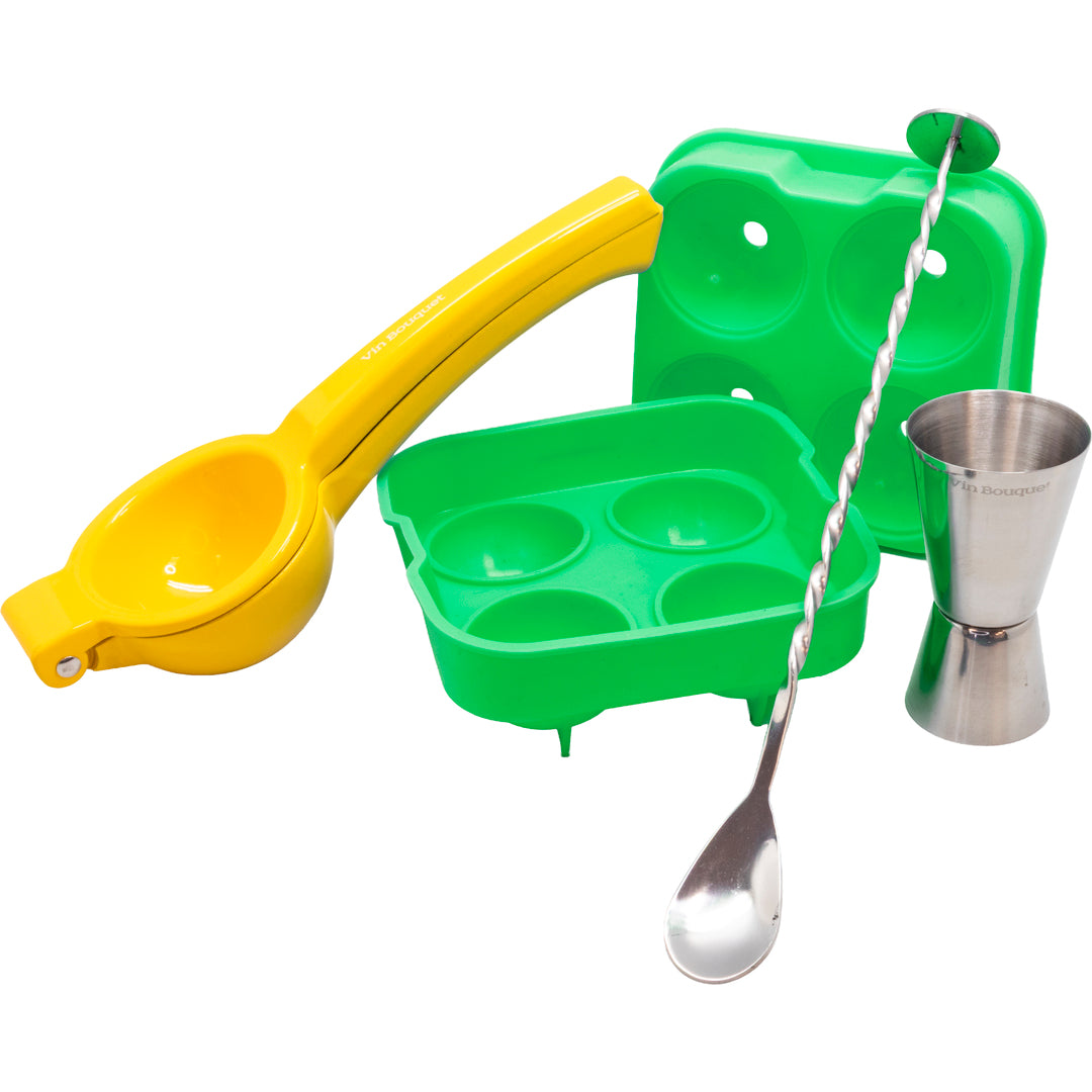 Set Cóctel 4 Piezas – Exprimidor, Molde de Hielo Esférico, Medidor y Cucharilla