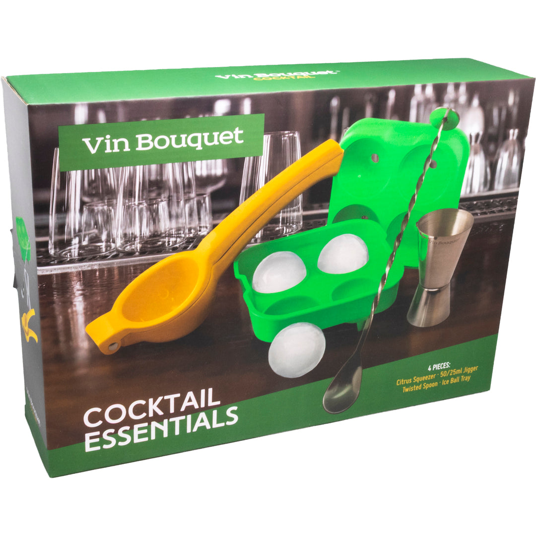 Set Cóctel 4 Piezas – Exprimidor, Molde de Hielo Esférico, Medidor y Cucharilla