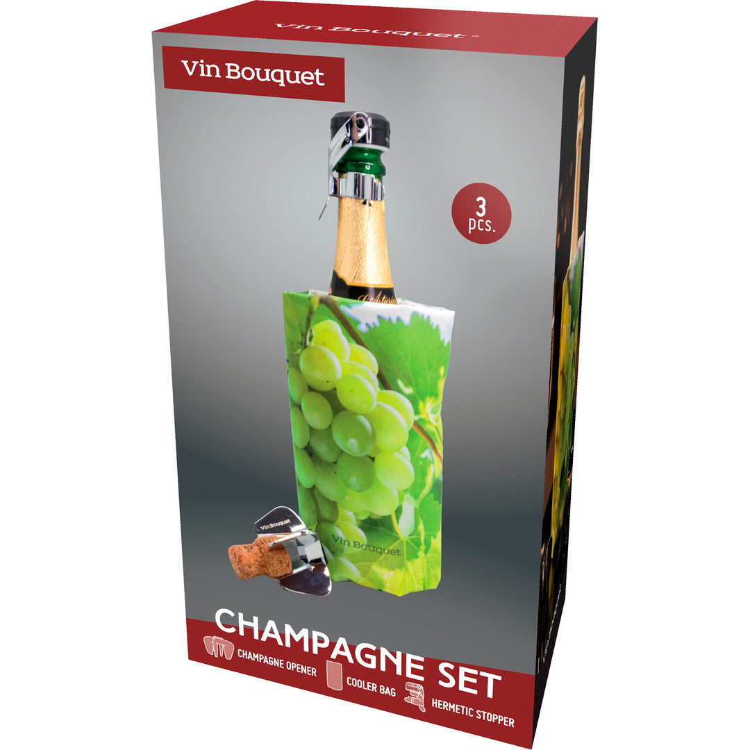 Set Cava 3 Piezas – Abridor Estrella, Funda Enfriadora Estampada y Tapón