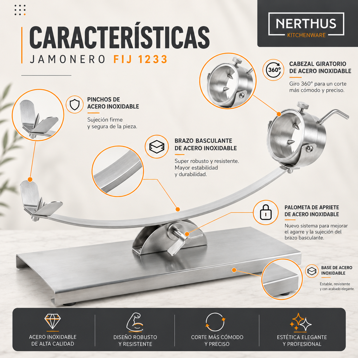 Jamonero Inox Basculante con Cabezal Giratorio