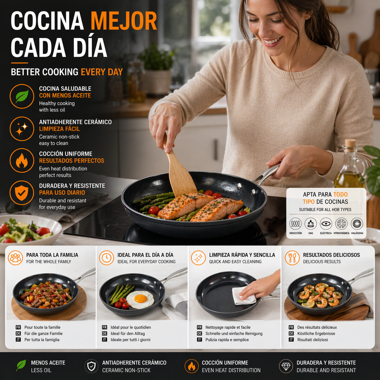 Sartén Cerámica Antiadherente con Mango de Acero Inoxidable – 20 a 30 cm