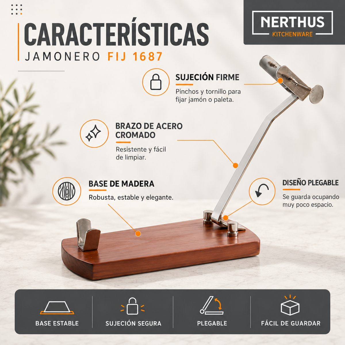 Jamonero Plegable de Madera con Brazo Cromado