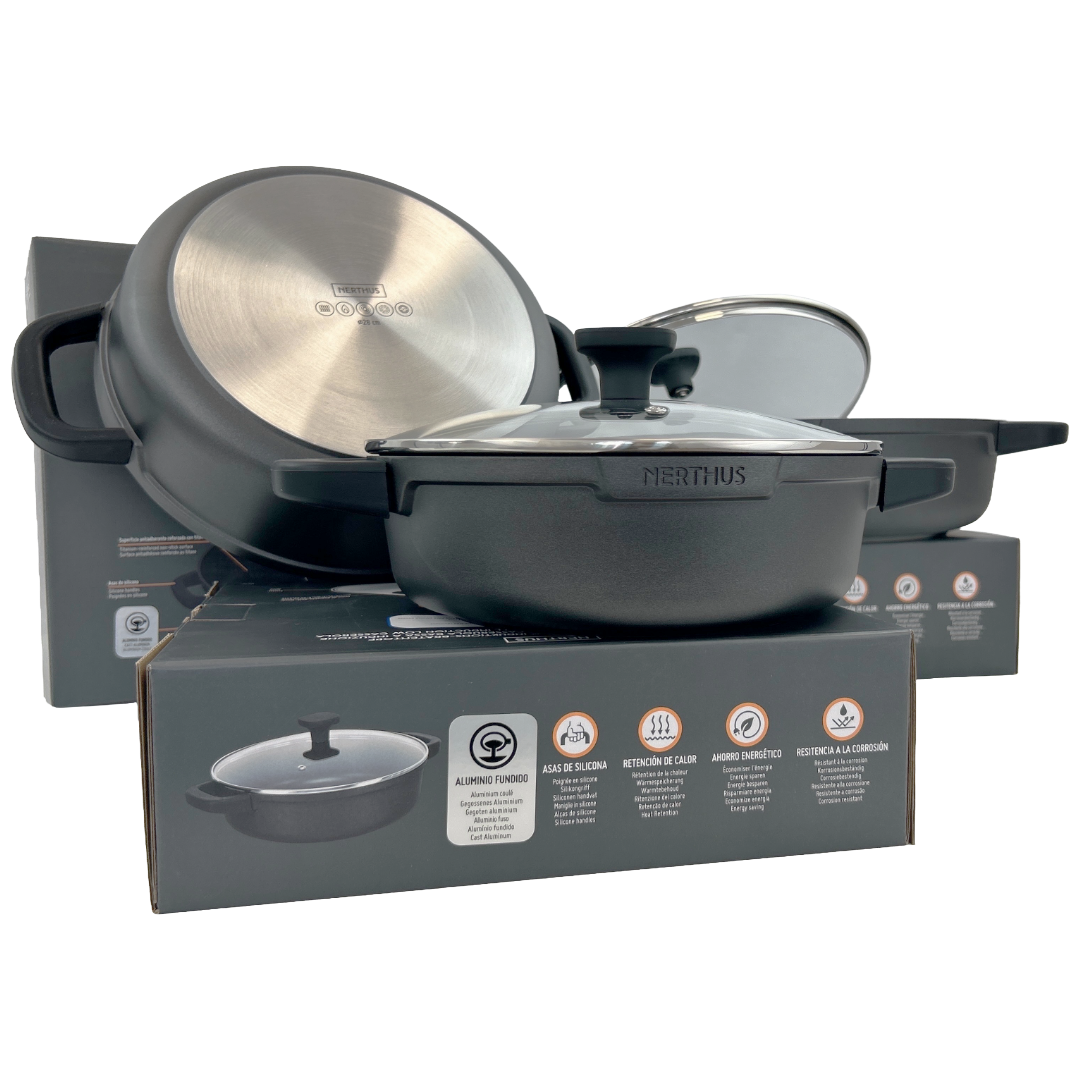 Cacerola Baja de Aluminio Fundido con Tapa de Cristal – Antiadherente Quantanium